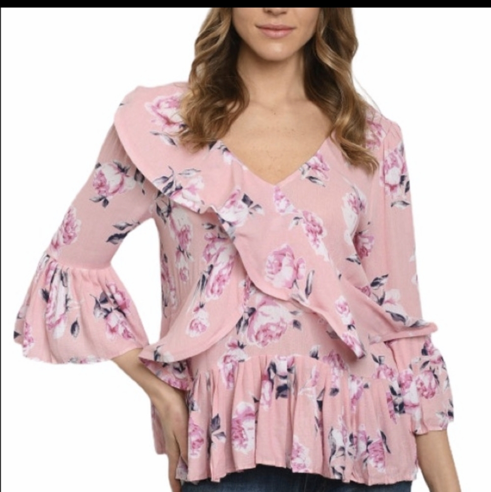 Pink Floral Bell Sleeve Ruffle Babydoll Blouse